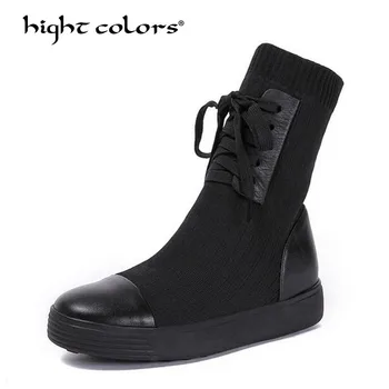 

HIGHT COLORS Luxury Brand Socks Boots Women Knitting Mid-Calf Boots Autumn Winter Knitted Lace-Up Shoes Size 35-40 TA-923