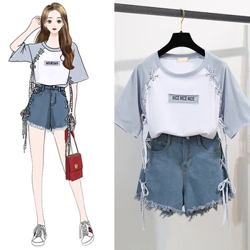 

SexeMara fashion The New Loose color matching lace T-shirt + webbing stroke denim shorts two-piece free shipping