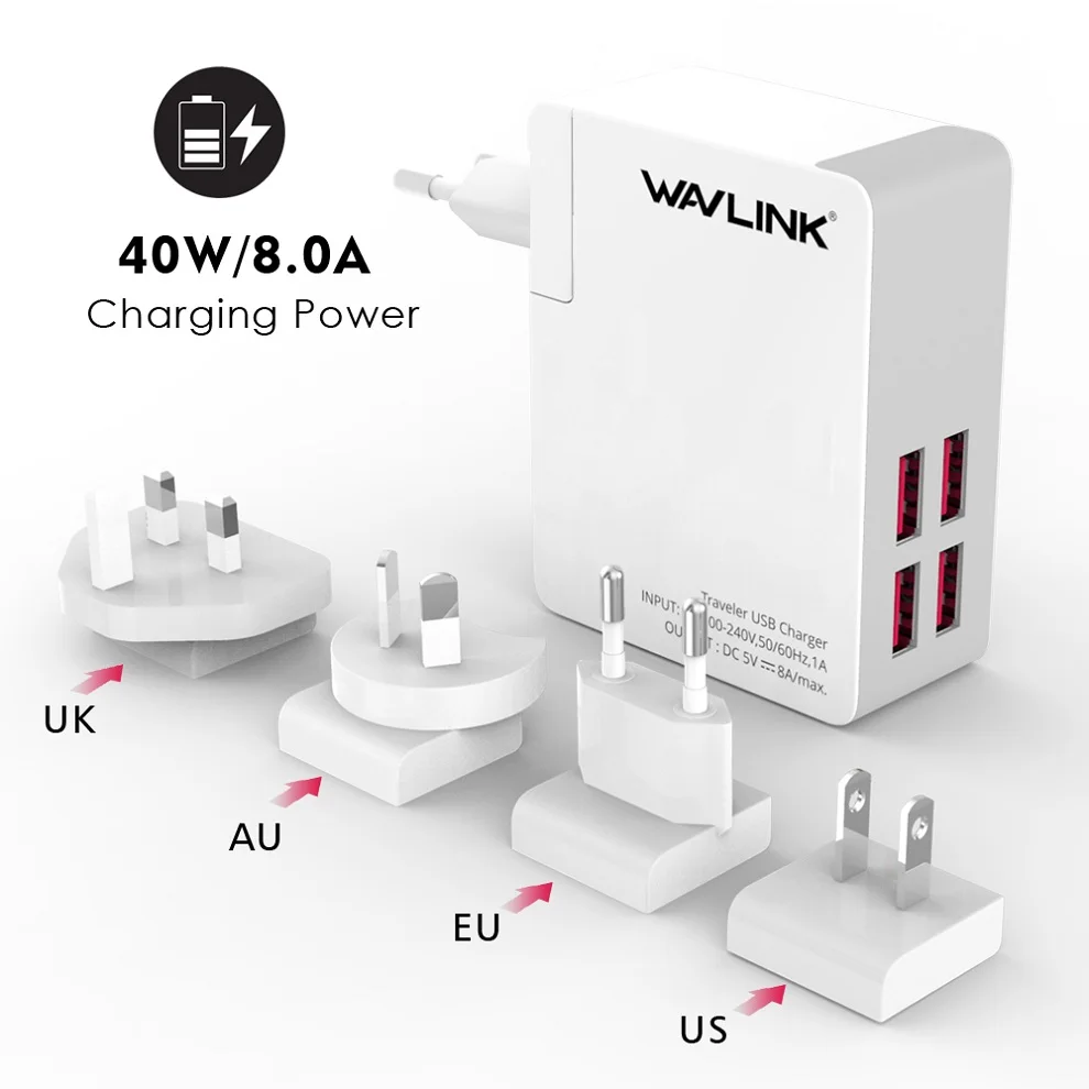 Wavlink 2/4 порт универсальный USB зарядное устройство адаптер 24 Вт 4.8A Портативный Путешествия интеллектуальное Сетевое зарядное устройство адаптер EU/US/UK/AU/сменный штекер - Тип штекера: 4  USB charger port