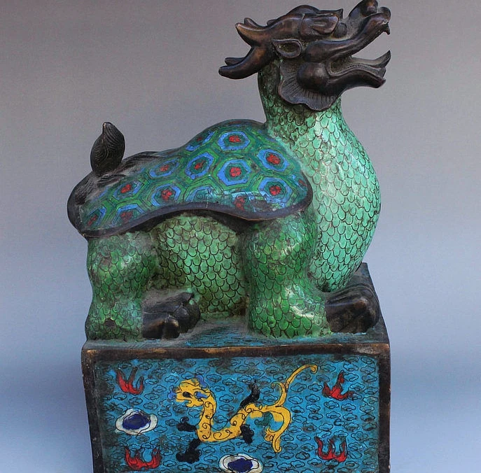 

10" Old China FengShui Palace Cloisonne Dragon Turtle Statue Seal Stamp Signet
