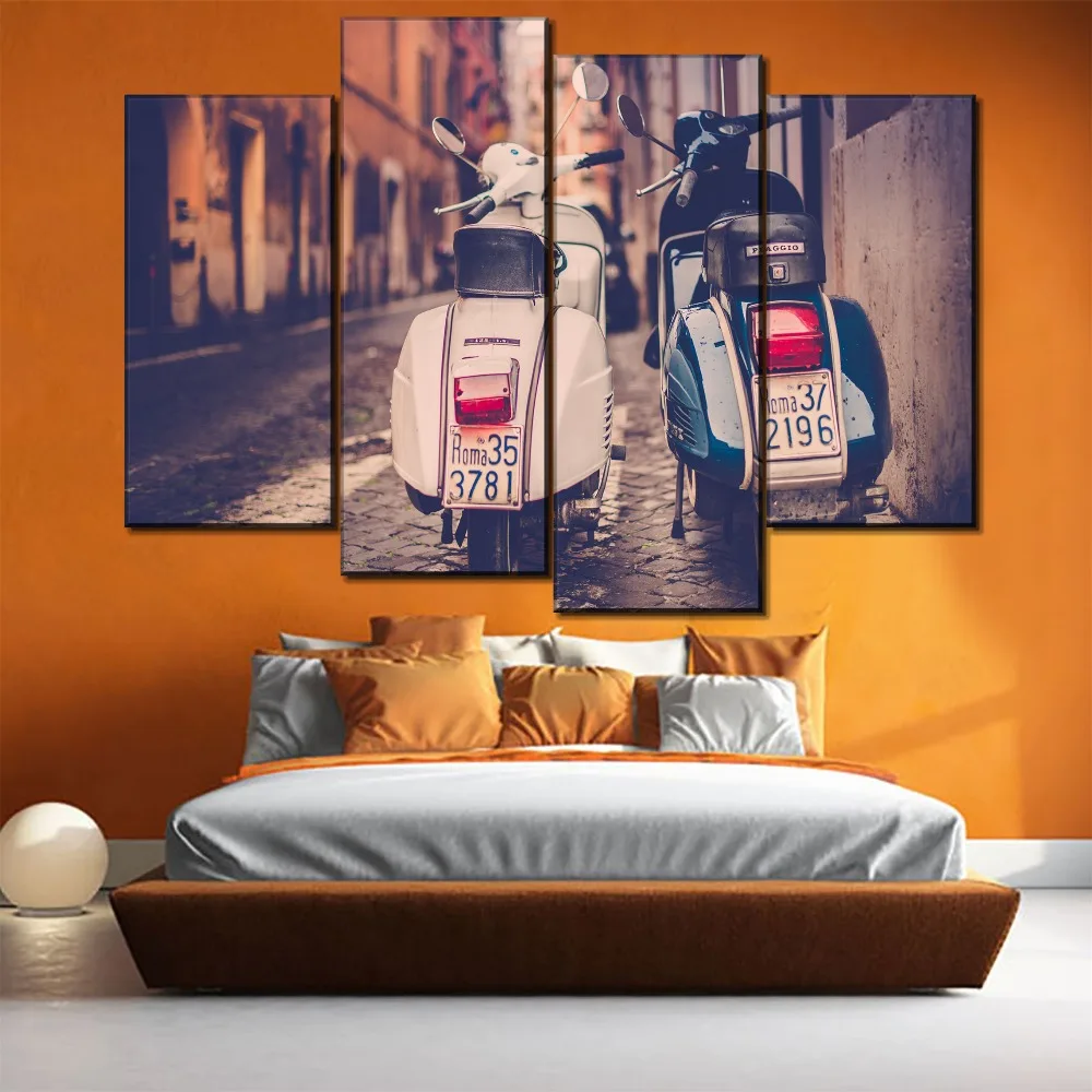 

Modern Wall Art Canvas HD Printed Painting 4 Pieces Retro Scooter Piaggio Street Pictures Home Decorative Modular Framework