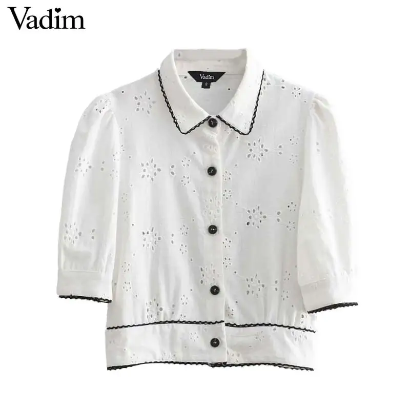 Vadim women white hollow out embroidery crop top turn down