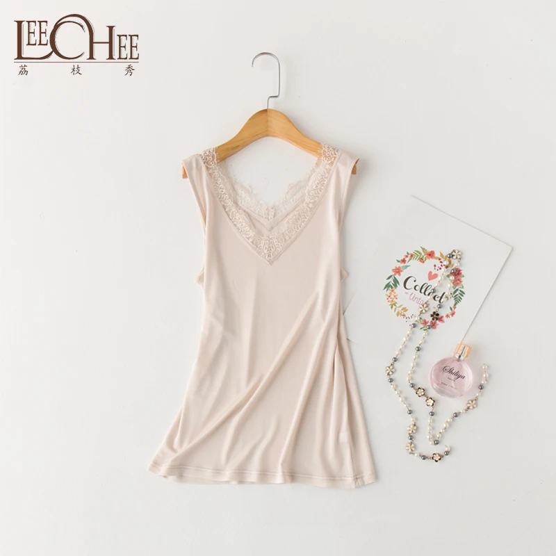 

JSC-001 Leechee Pure Color 100% Nature Silk Women Tank Tops Casual V-Neck Eyelash Side Vest Real Silk Sling Ladies Bottoming