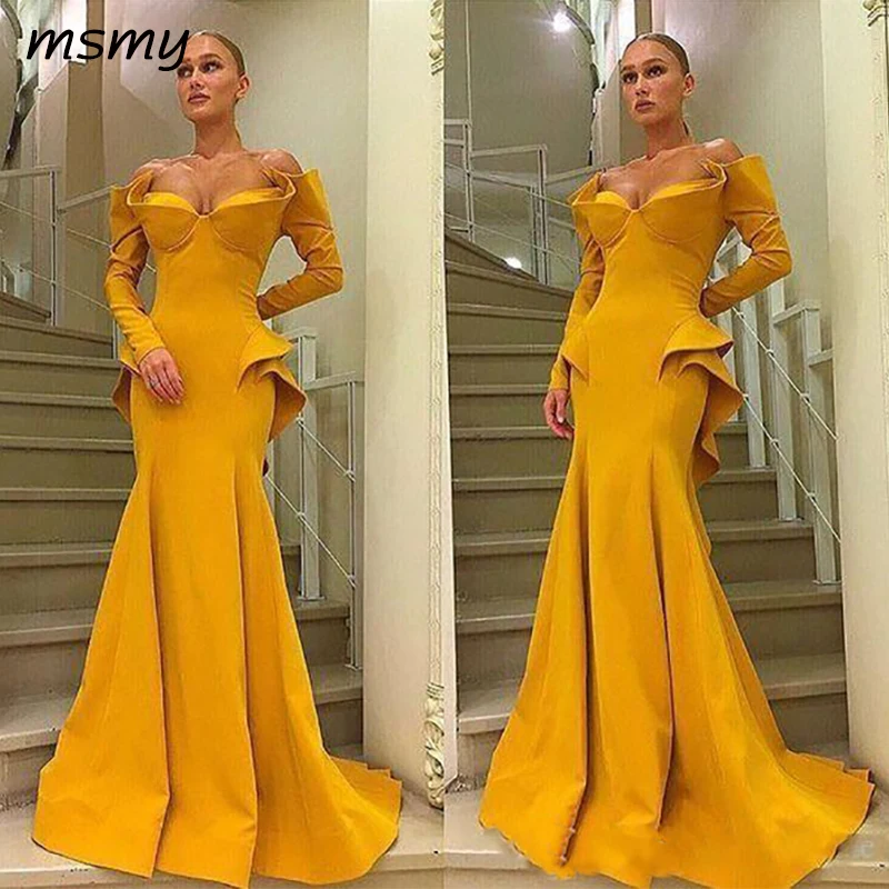 

2019 Amazing Ruffles Detail Long Sleeve Evening Dresses Yellow Sweetheart Full length Sexy Mermaid Dubai Arabic Prom Dress Party