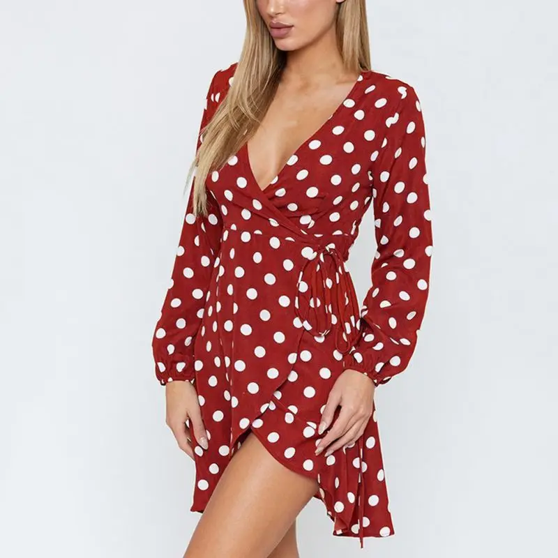 

Women Elegant Autumn Irregular Hem Slim Dress Sexy Wave Point Print V-neck Dress