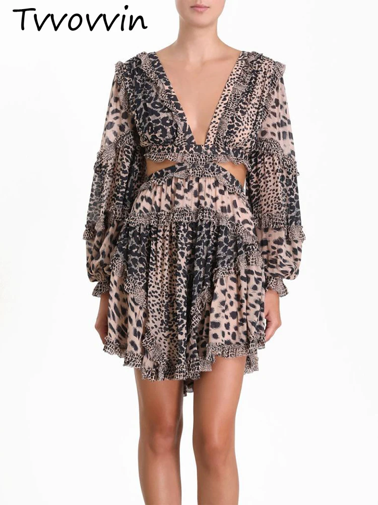 

Leopard Print Dress Female Chiffon V Neck Sexy Backless Lantern Sleeve High Waist Dress Womens Summer Sweet Boho Dress V706