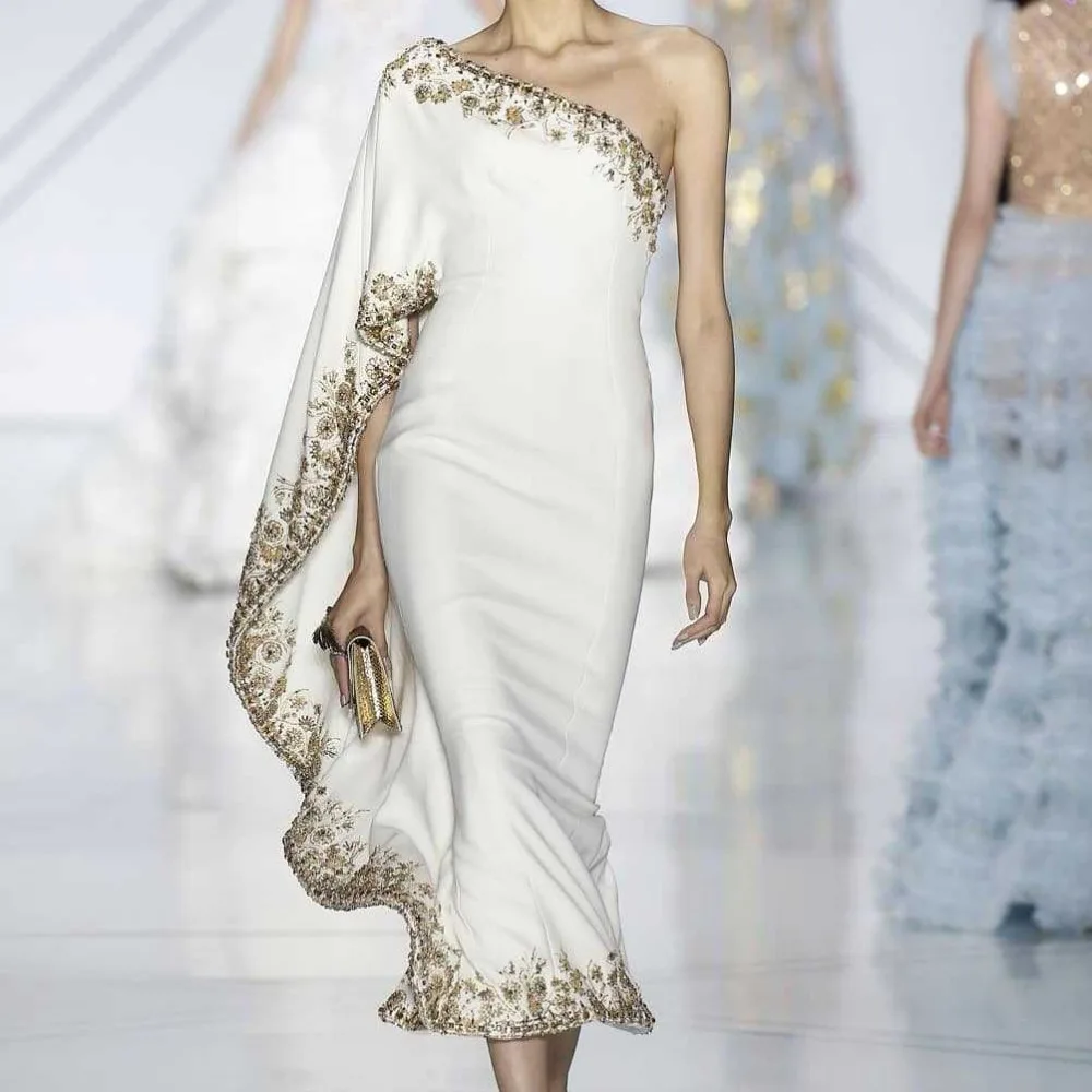 

2019 Summer Mermaid Dress Women Print Asymmetrical One-shoulder White Vestidos Dress Mature Women Elegant Party Dress Robe Femme