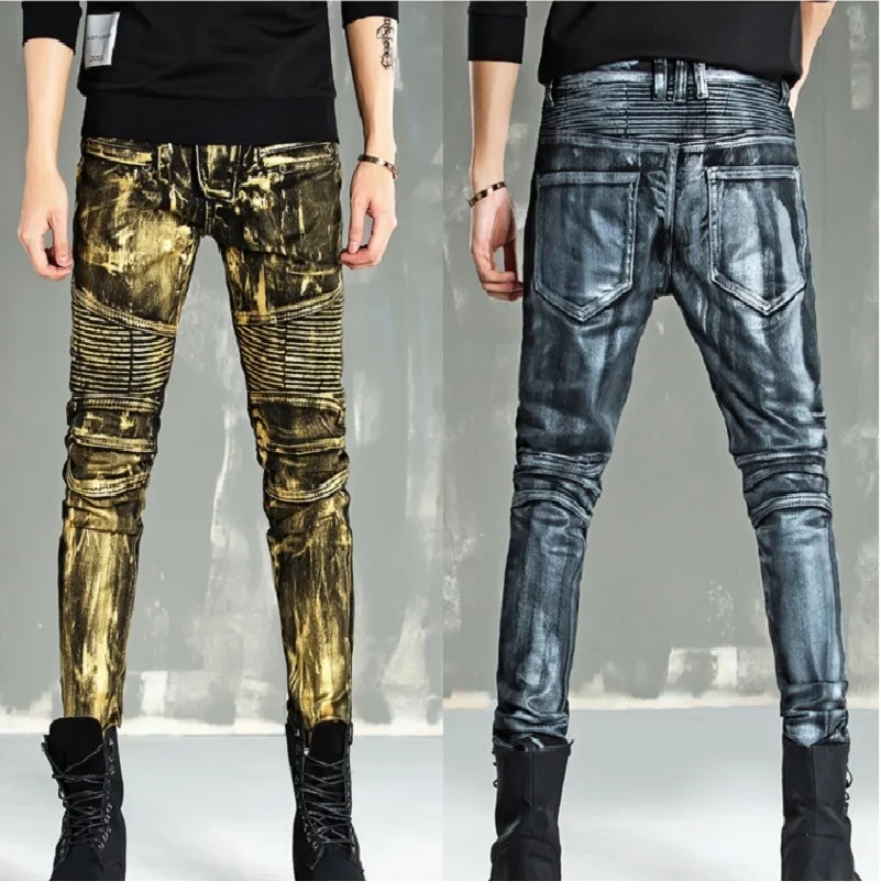 Men's Pleated Biker Jeans with Zippers Gold Painting Coated Pants Male