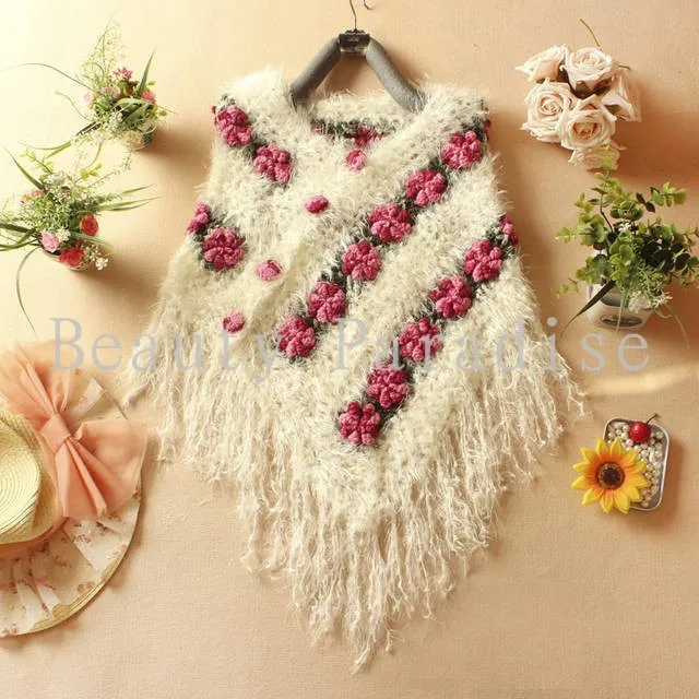 Handmade Crochet Sweaters 2017 Autumn Women Mohair Rose Floral Hollow Out Batwing Tassel Wrap Swing Cardigan femininas 5086