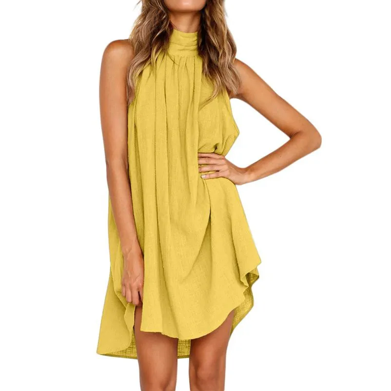 

Pure Color Beach Dress Women Summer Ladies Casual Loose Holiday Party Dresses Womens Sexy Sleeveless Halter Mini Dress #YL5