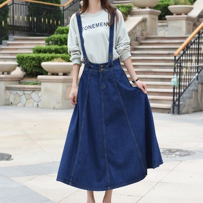 Gemutlich S-5XL джинсовая юбка на подтяжках длинные джинсы юбка в стиле преппи на высоком качественные комбинезоны Съемный ремень - Цвет: Blue