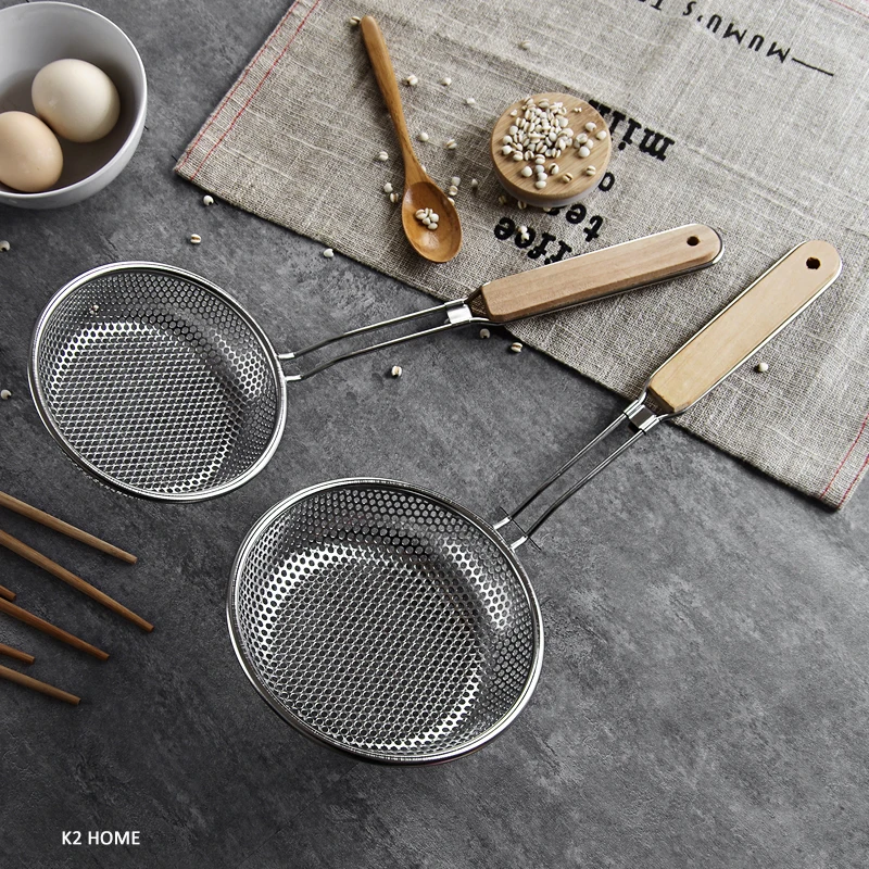 

Diameter of 16CM or 18CM Strainer Stainless Steel Colander Wooden Handle Kitchenware Strainer Pro Quality Sifter Wire Skimmer