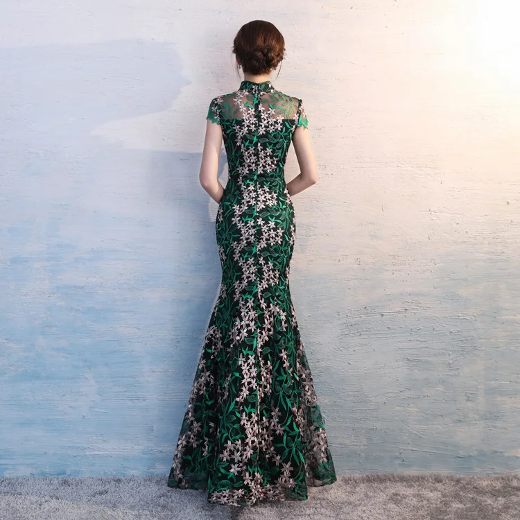 Women's Royal Blue Trailing Strapless Qipao Evening Dresses Chinese Traditional Brocade Long Mermaid Backless Plus Size 3XL  (2)