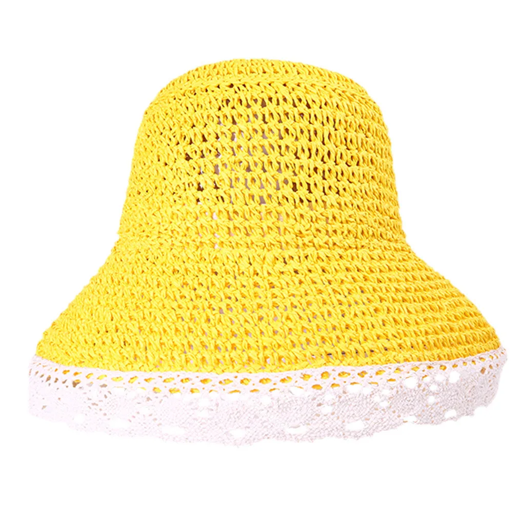 yellow Модные женские туфли повседневное кружево лук соломенная шляпа от солнца Элегантный ремешок ручной работы ленты складной кепки - Цвет: yellow