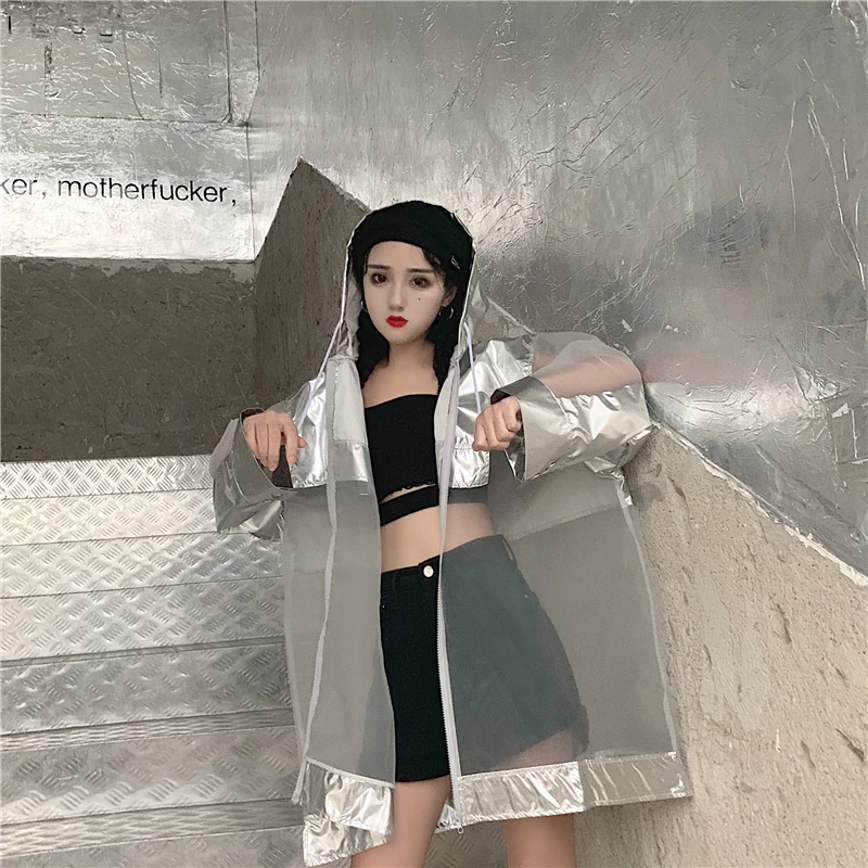 Neploe Harajuku серебряная Солнцезащитная куртка 2019 летнее пальто с капюшоном и длинным