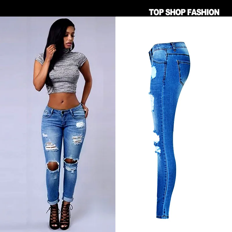 Suvance Fashion Stretchable Low Waist Ripped Holes Spring Cotton Pencil Jeans Qaulity Materials Trousers