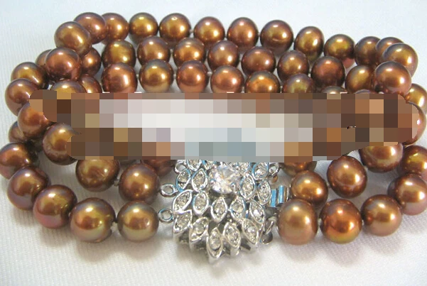 

free shipping 09346 3row natural coffee round freshwater pearl bracelet-white zircon clasp