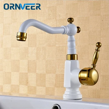 

Royal Grilled White Painted Brass Bathroom Faucet Long Mouth Swivel Square Body Gold Handle Basin Sink Mixer Tap W-010