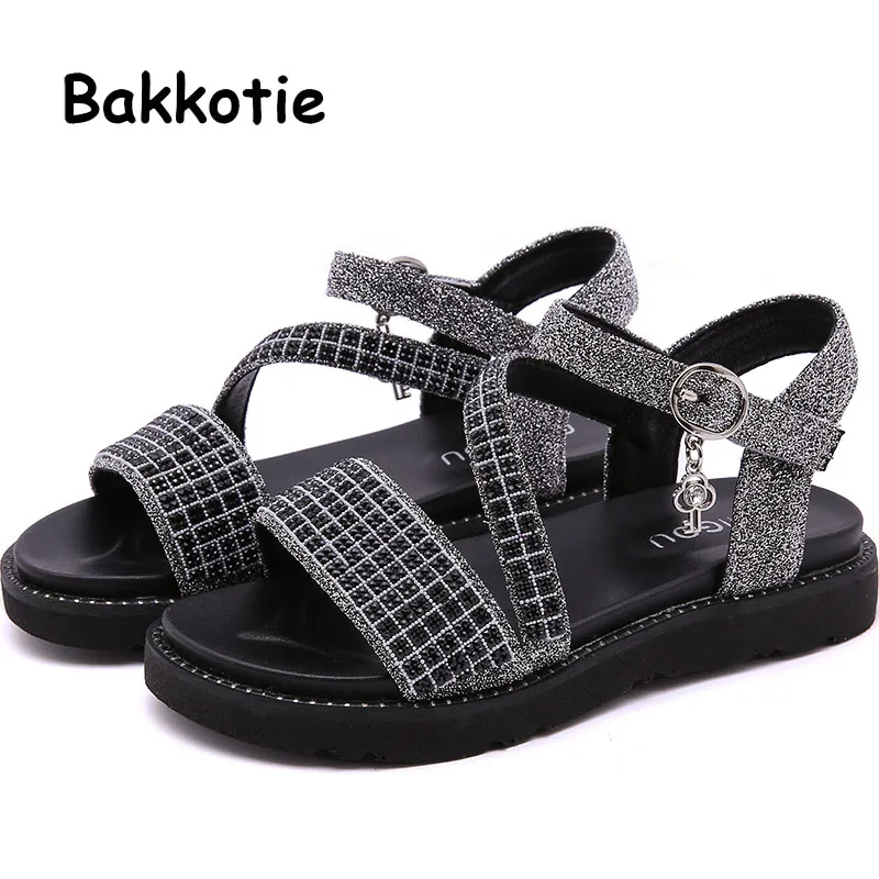 

Bakkotie 2019 Summer New Girls Fashion Rhinestone Sandals Kids Black Dress Shoes Princess Soft Non-Slip Party Shoes