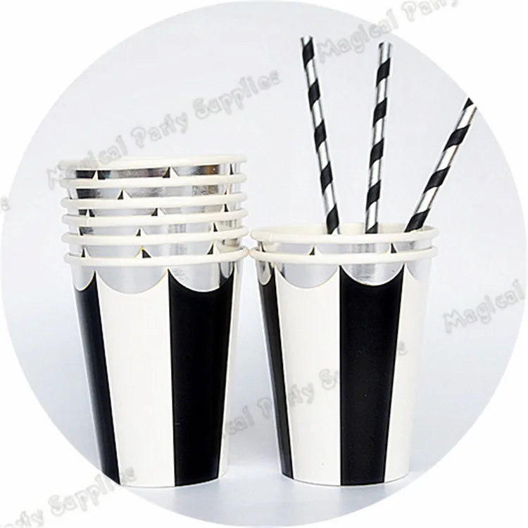 32Sets Black Striped Disposable Paper Plates Black and White Stripe with Silver Scallop Tableware Cups Napkins Party Decorations