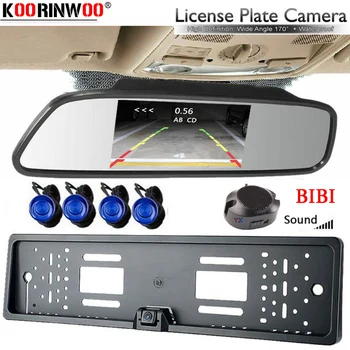

Koorinwoo Parktronic EU Car License Plate Frame Rear View Camera 170 Degree CCD Reverse Camera with 4 Parking Sensor Monitor LCD