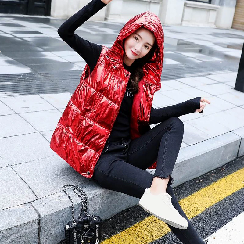 2018 otoño brillante rojo negro plata con cremallera chaleco para mujer chaleco Delgado abrigos sin mangas abrigos Chaleco de moda tamaño M XXL| y chalecos| - AliExpress