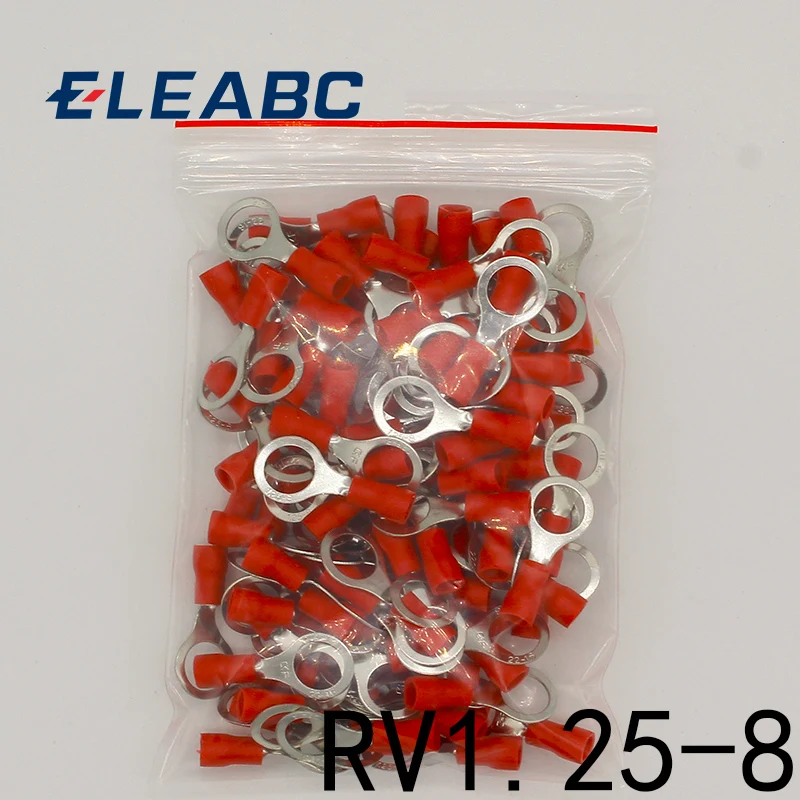 RV1.25-8 красный круговой 22-16 AWG 0,5-1.5mm2 изолированный Кольцевой зажим Соединительный кабель с разъемом кабеля разъем провода 100 шт./упак. RV1-8 RV