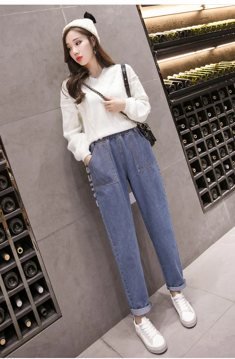 Jielur Kpop Chic Boyfriend свободные плюс размеры джинсы для женщин женские, с завышенной талией дамские шаровары для Зимние удобные уличные брюки