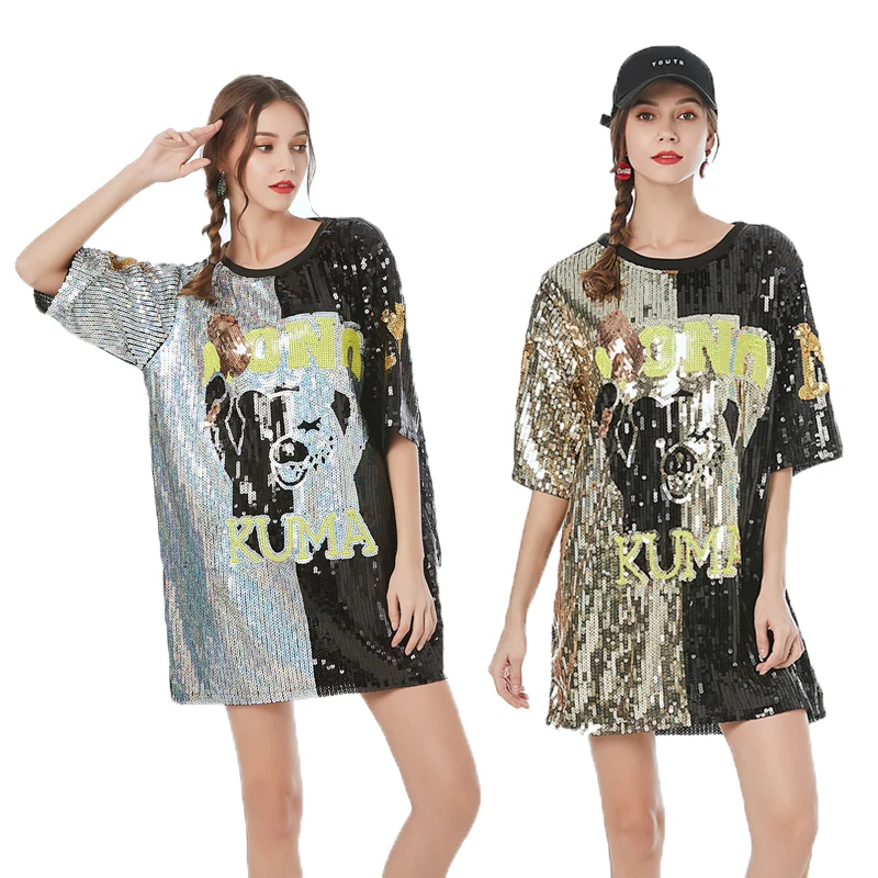 

Women T Shirt Dress Summer Glitter Sequin Cartton Bear Dress O Neck Hip hop Club Dancewear Dress Kerst Jurk Dames Tops 2019