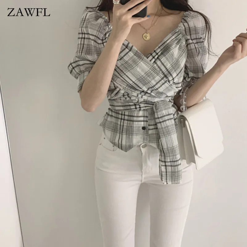 

Women plaid vintage shirt v-neck puff sleeve high waist tie chic slim blouse new summer fashion female elegant top mujer