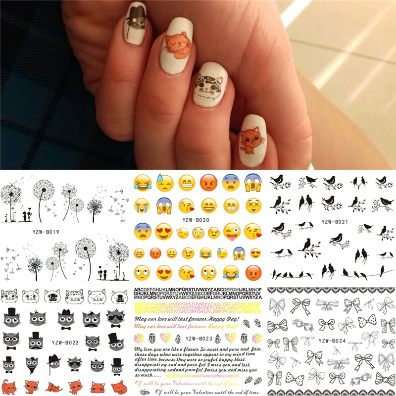 

6 Designs/Set Water Transfer Nails Art Sticker Gray Bowknots Flying Dandelion Cat etc Elements Nail Wrap Decal Manicure Supplies