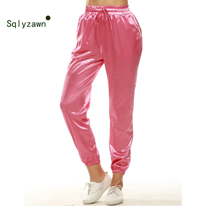 

New 2019 Summer Elastic High Waist Silk Pants Women Joggers Sweatpants Dance Satin Pink Pencil Pants Streewear Hip Hop Trousers