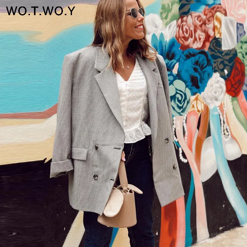 2019 Fashion Autumn Gray Plaid Blazer Women Double Breasted Pocket Suit Blazer Office Lady Long Loose Jackets Feminino Outerwear