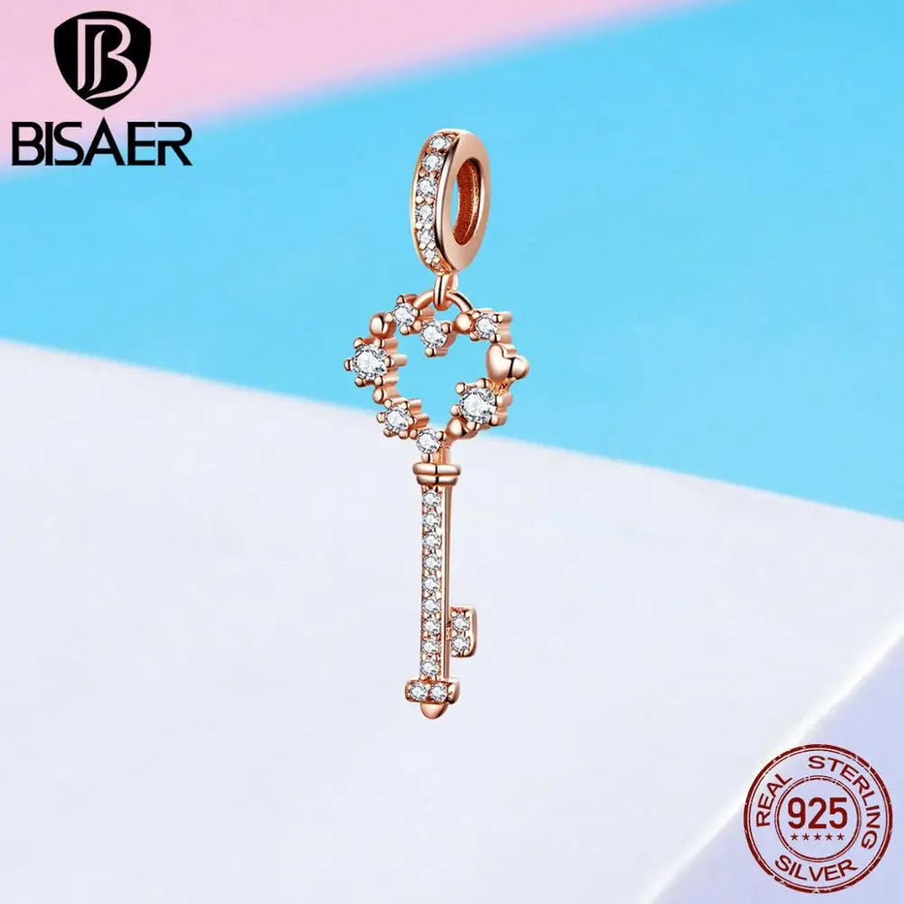 BISAER, настоящее 925 пробы, серебряный ключ, замок сердца, подвески, розовый CZ, сердце, бусины, подходят для женщин, браслет, сделай сам, для изготовления ювелирных изделий ECC772