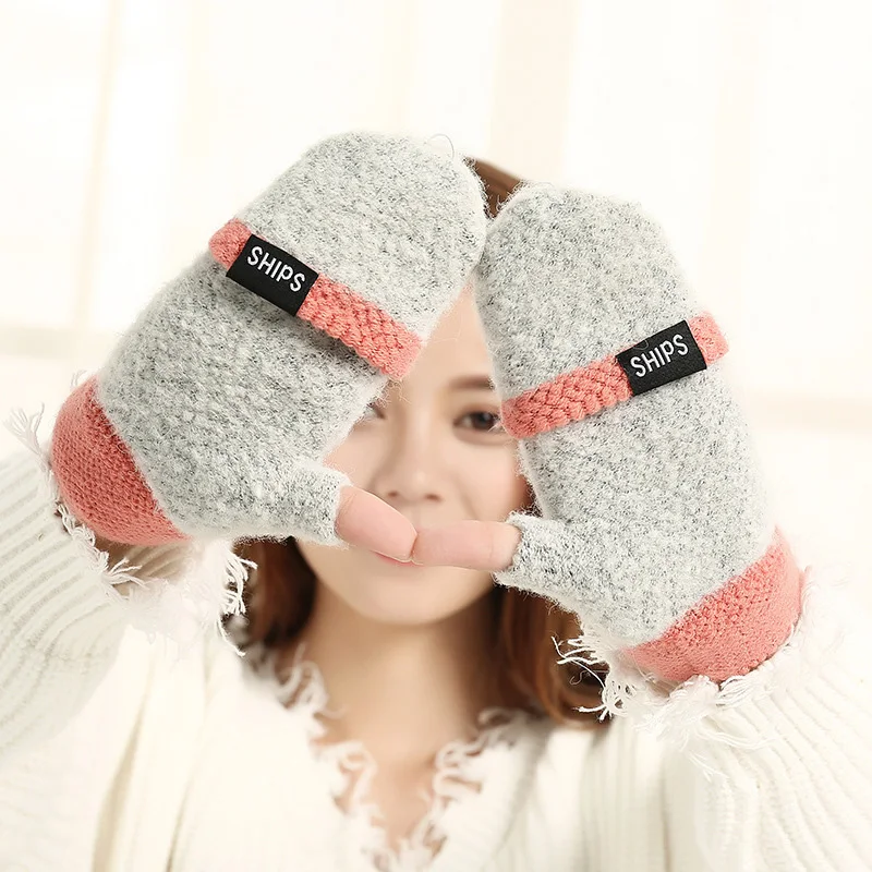 Winter Wool Gloves Thick Warm Mittens Half Finger Glove Cute Wrist