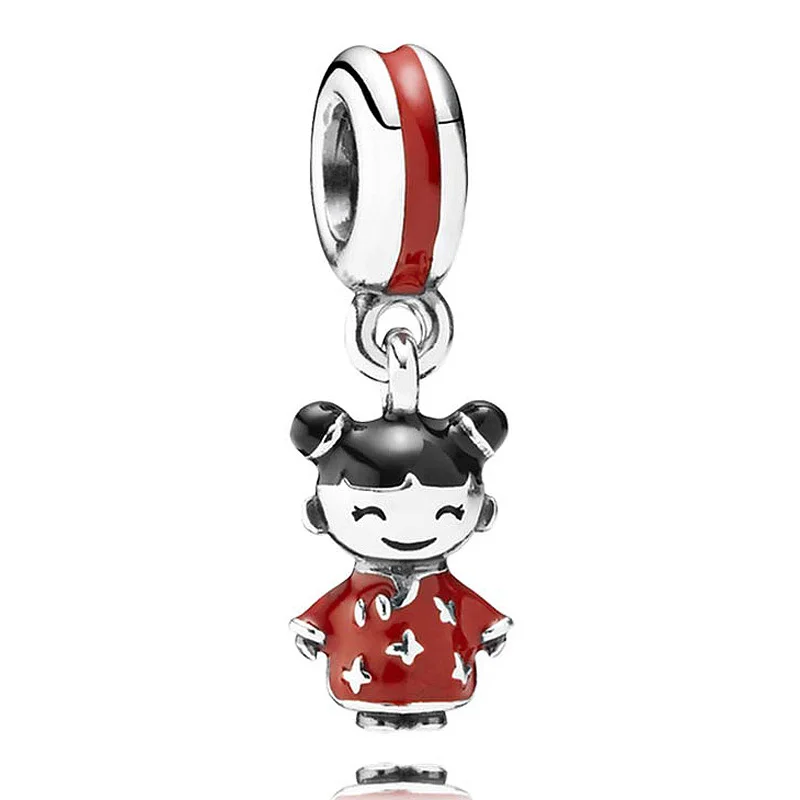 

Authentic 925 Sterling Silver Bead Charm Black & Red Enamel Chinese Doll Pendant Beads Fit Pandora Bracelet DIY Jewelry