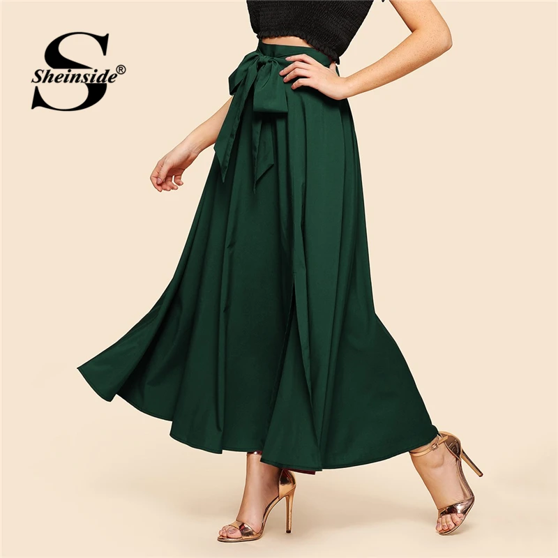 

Sheinside Green Knot Front Zip Back Women Flare Maxi Skirt Ladies OL Work Elegant High Waist Skirts Womens A Line Pleated Skirt
