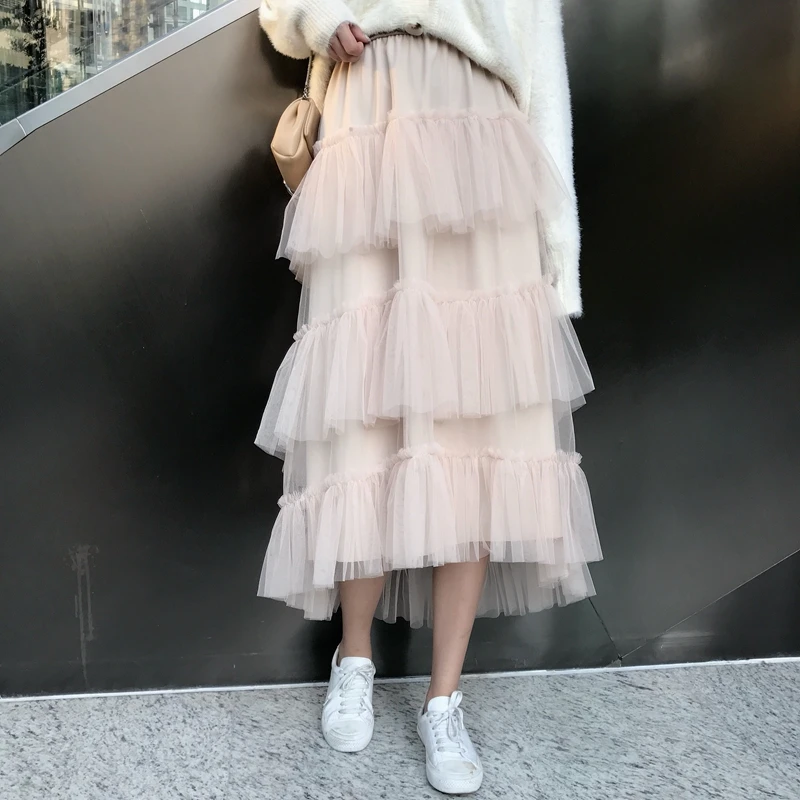 GRUIICEEN юбка из тюля с высокой талией Женская модная уличная Длинная женская Юбка-миди сетчатая юбка с многоярусными оборками GY2018447