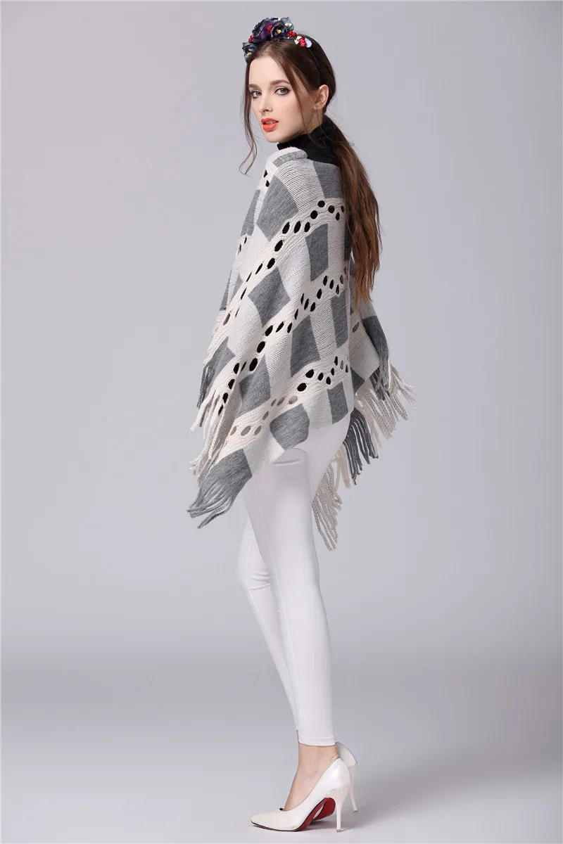 Осень зима женский полый клетчатый кардиган с бахромой дамское пончо с кисточками длинный вязаный пуловер вязаный плащ