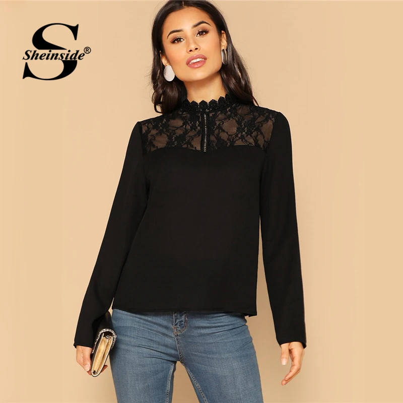 Sheinside Mock Neck Lace Shoulder Top Women Solid Long Sleeve Blouse ...