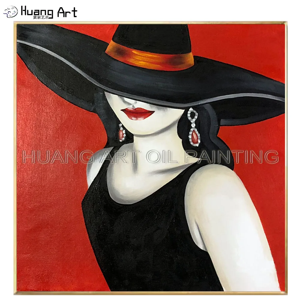 

Hand-painted High Quality Beautiful Girl Portrait Oil Painting on Canvas Wear Elegant Lady's Hat Painting for Bedroom Wall Decor