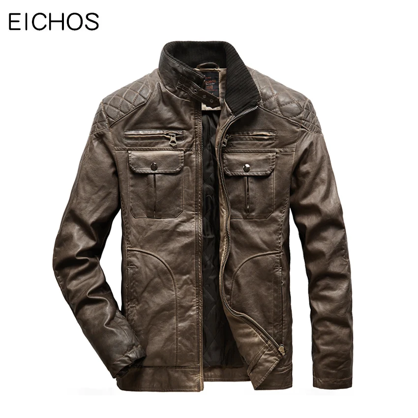 

EICHOS EU Size Men Jacket Leather Vintage Distressed Winter Jackets Mens Motorbike Leather Clothing Multi pocket Mens Faux Coat