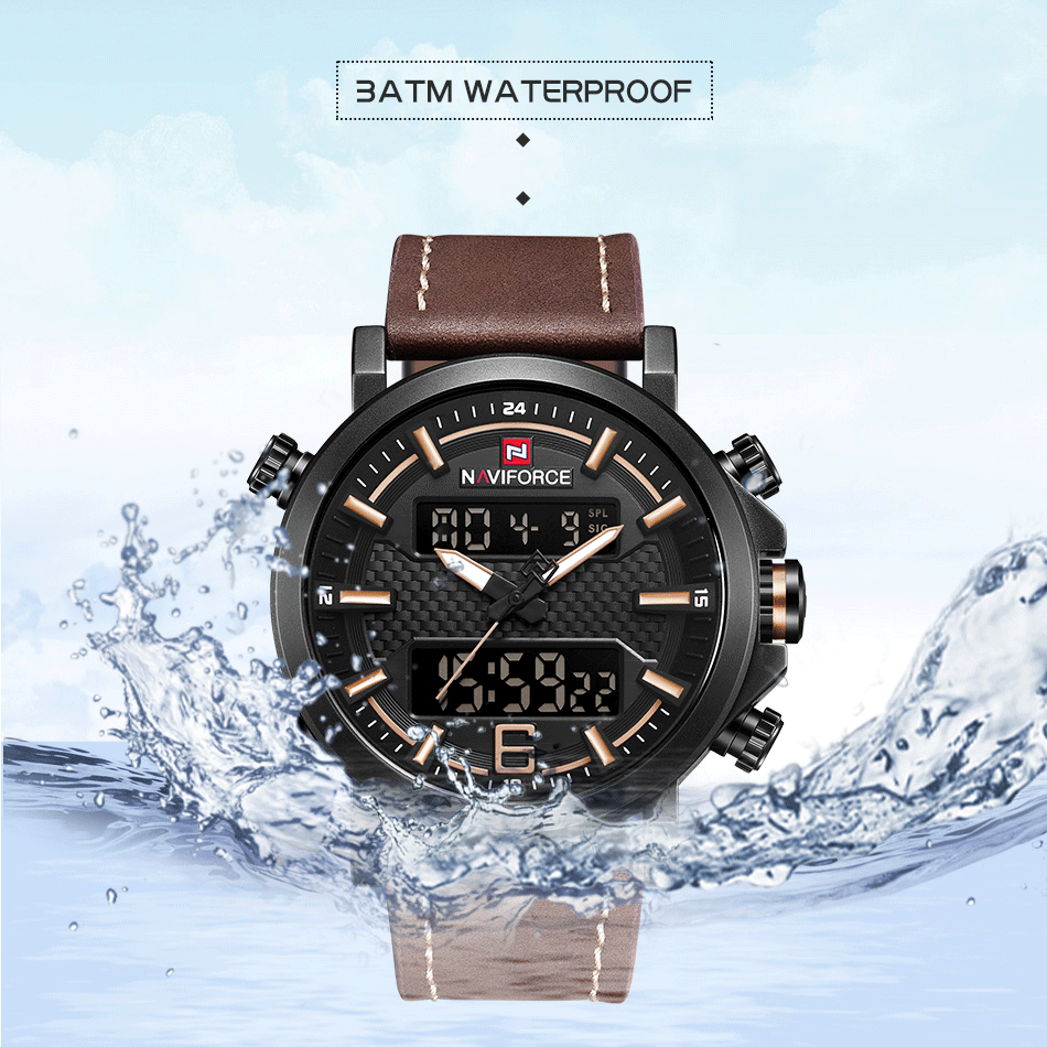 NAVIFORCE Новые мужские модные спортивные часы, мужские кожаные водонепроницаемые кварцевые часы, мужские Аналоговые часы с датой, светодиодный
