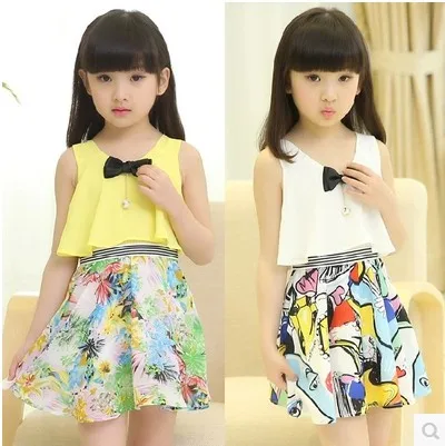 

2017 Summer New Design Girls Chiffon Dress Female Kids Bow Pearl Sleeveless Princess Graffiti Dress Children Fashion Clothes