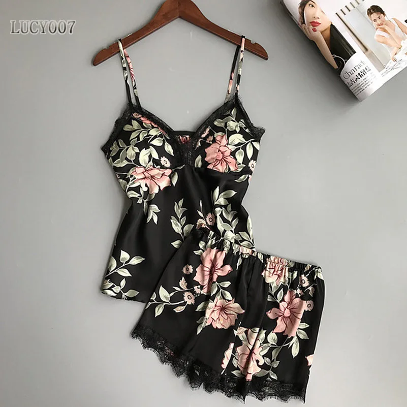 

2019 Sexy Women Printing Spaghetti Strap Women Pajama Set V-Neck Sexy With Pad Female Summer Pajamas for Women with Chest Pad