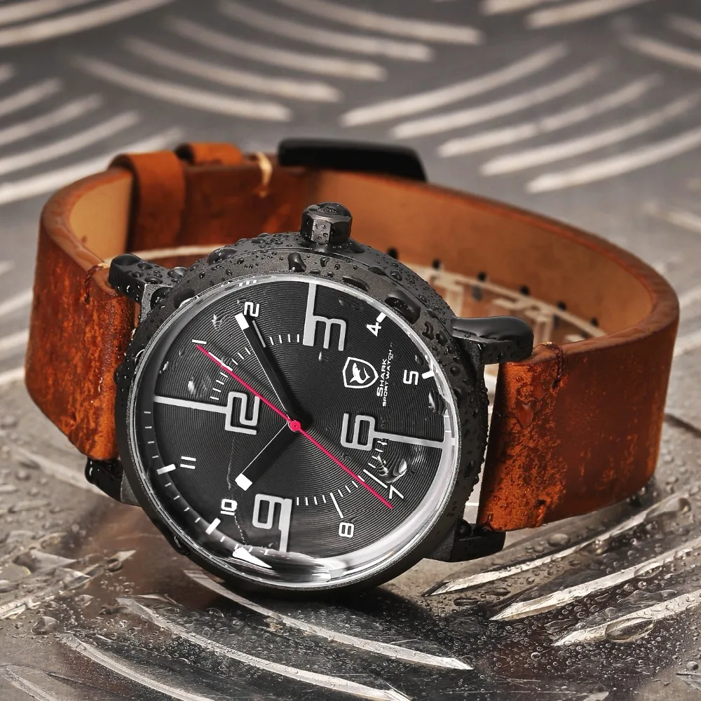 Bahamas Saw SHARK Sport Watch Luxury Brand Men Clock Male Quartz Brown Crazy Horse Leather Waterproof Casual Relogio Gift /SH568