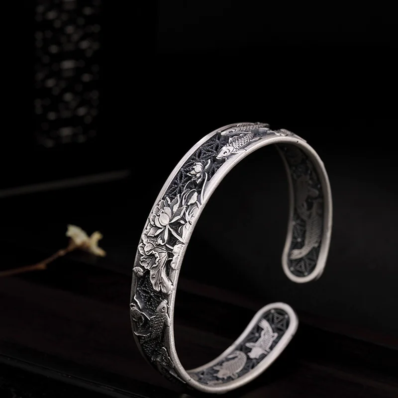 Настоящее чистое серебро 999 пробы, браслеты с вырезами в виде рыбы и лотоса, дизайнерские браслеты-манжеты для женщин, роскошные ювелирные изделия