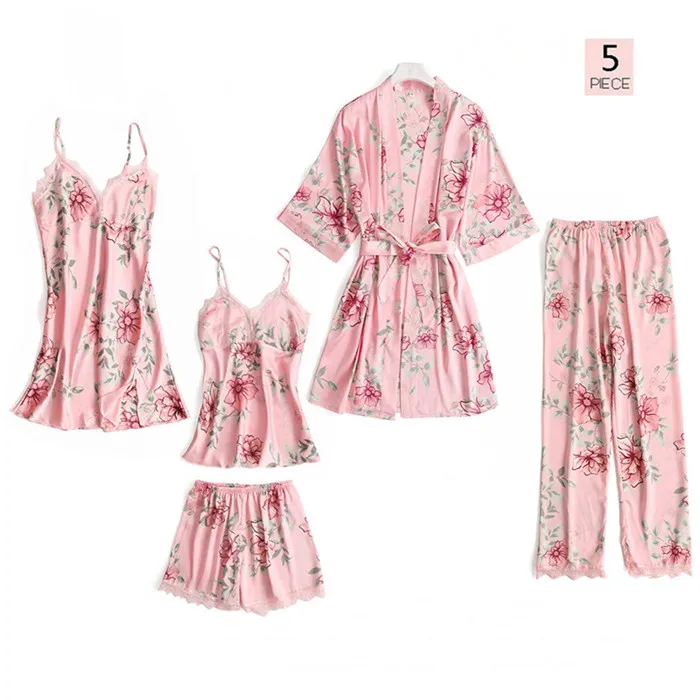 5 штук сна лаунж-Пижама комплект сексуальная сатиновая Ночная сорочка, одежда для сна, Для женщин Летняя модная зимняя Пижама с цветами для Для женщин домашний халат - Цвет: pink