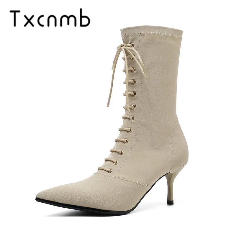 

TXCNMB Stretch Boots Women High Heels Pointed Toe Woman Mid-calf Boots Sexy Office Dress Shoes Woman