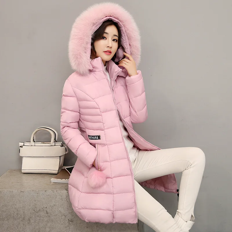 

Women Slim Mid-Long Fur Ball Thick Snow Wear Parka Coat Female Wadded Jackets jaqueta corta vento Winter Big Fur Collar Parkas